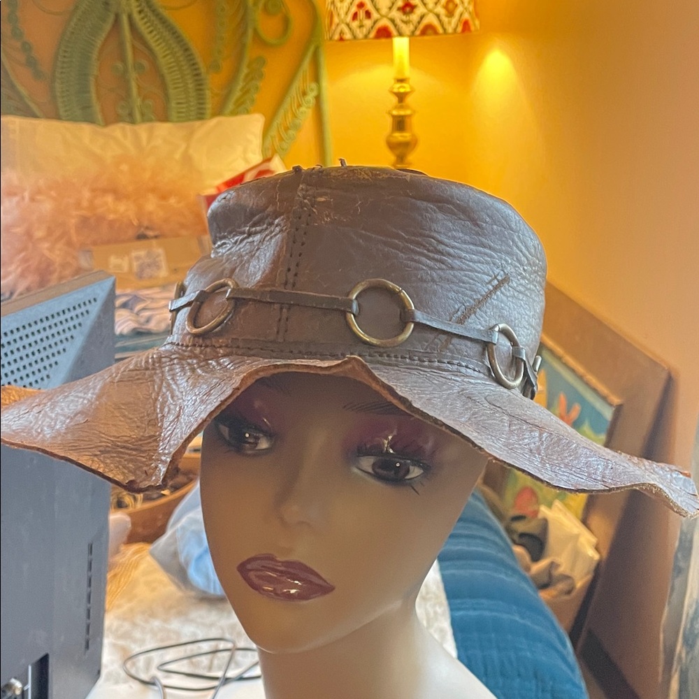 Brown Leather Wide-Brim Hat